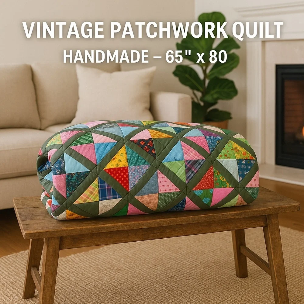 Vintage Handmade Patchwork Quilt 65” x 80” – Multicolor Triangle Blocks Full.